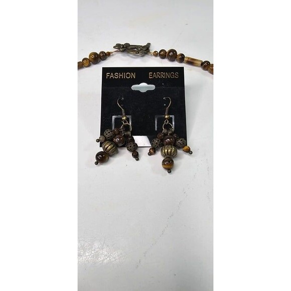Handmade Brown Tiger's Eye Beaded Necklace and Earrings Set 21"L - Picture 2 of 5